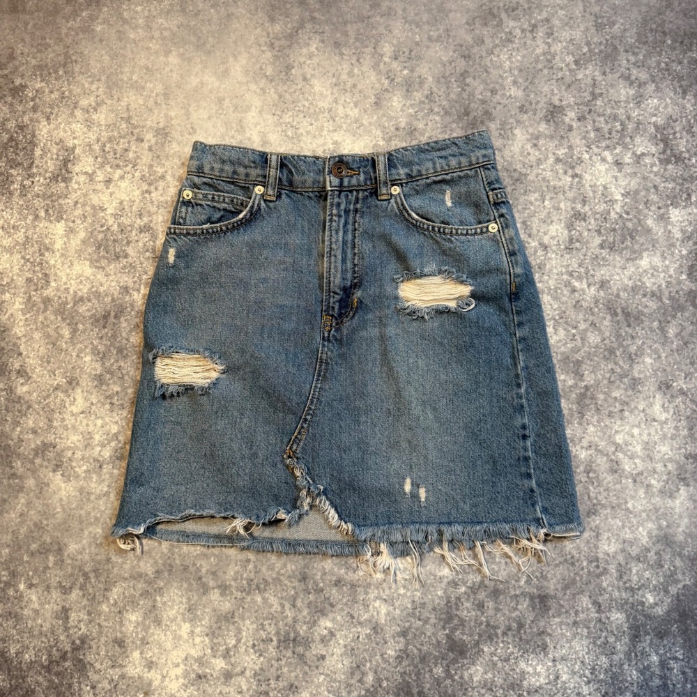 Free People We The Free Blue Distressed Denim Mini Skirt Size 24 Raw Hem Frayed